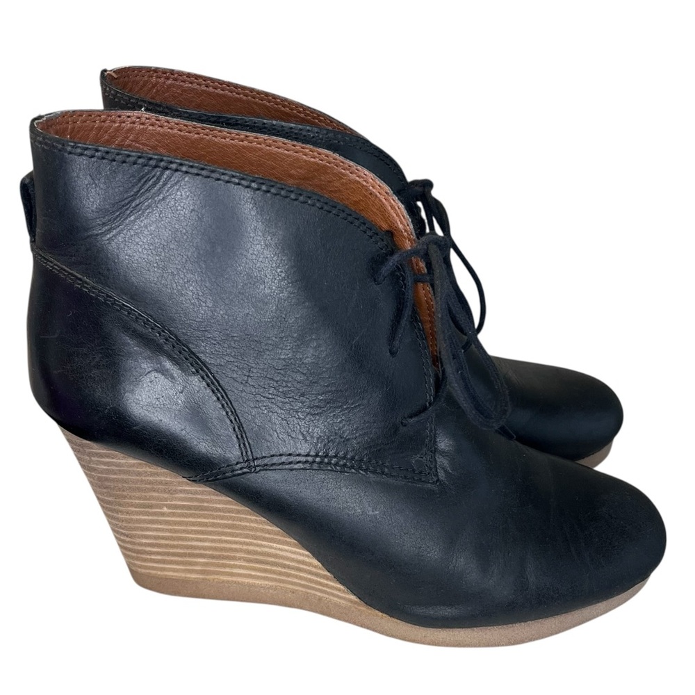 Lucky Brand Taheeti Black Leather Lace Up Wedge Ankle Boots
